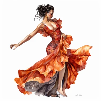 full body pose latin woman with flowing dress boris vallejo and Norman Rockwell style clipart white background watercolor