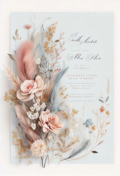 beautiful, intricate, sharp focus, light blue, tan, and pink flowers, boho wedding invitation with white fluffy tail flowers, dried grasses, show entire invitation, no border, clipart, on white background, flat lay, extreme detail, wedding invitation,