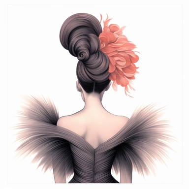 A color pencil illustration of a sophisticated fashion girl, adorned in a unique Haute Couture creation featuring oversized ruffles and dramatic feather accents, stands with her back towards us, her face obscured, showcasing a sleek chignon hairstyle. Clipart, color pencil illustration.