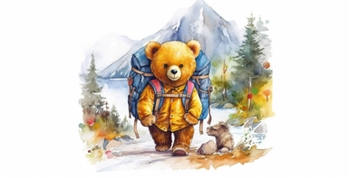 Adorable teddy bear on adventure, camping gear, forest, clipart, vivid colours, ornamental watercolor, white background, I can’t believe how beautiful this is