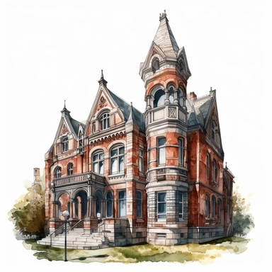 a watercolor of a realistic scenery of an old library building, victorian style, vector free clipart illustration, in the style of unreal engine 5, 32k uhd, detailed features, white background