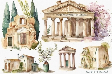 Very cute and Whimsical antique houses of Athens, ancient Greece, Parhenon, colorful, Watercolor, clip art, white background,