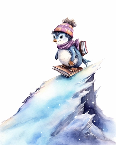 Artwork in the style of Cicely Mary Barker, clipart, whimsical watercolor illustration of a cute and happy little Penguin sliding on an icy glacier, watercolor clipart, Book Cover illustration, Hyper HD