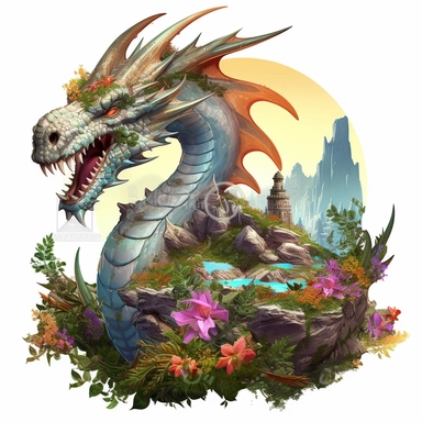 Flying dragon, close up, a sticker, artwork of t shirt graphic of majestic forest, in digital painting style, beautiful flowers, sunset mountains and clouds, big vines, stone temple covered in vines, white background, colorful fantasy flower surround, highly detailed clean, vector image, photorealistic masterpiece, professional photography, realistic, flat white background, isometric, vibrant vector, clipart, illustration, realism, 4k, , cinematic, front view, white background, paradise, extreme