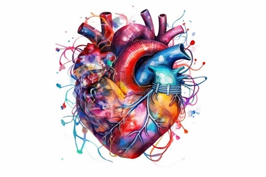 Watercolor, Generate a heart shape using intertwined technology gadgets clipart, hd, on a white background, spaced out