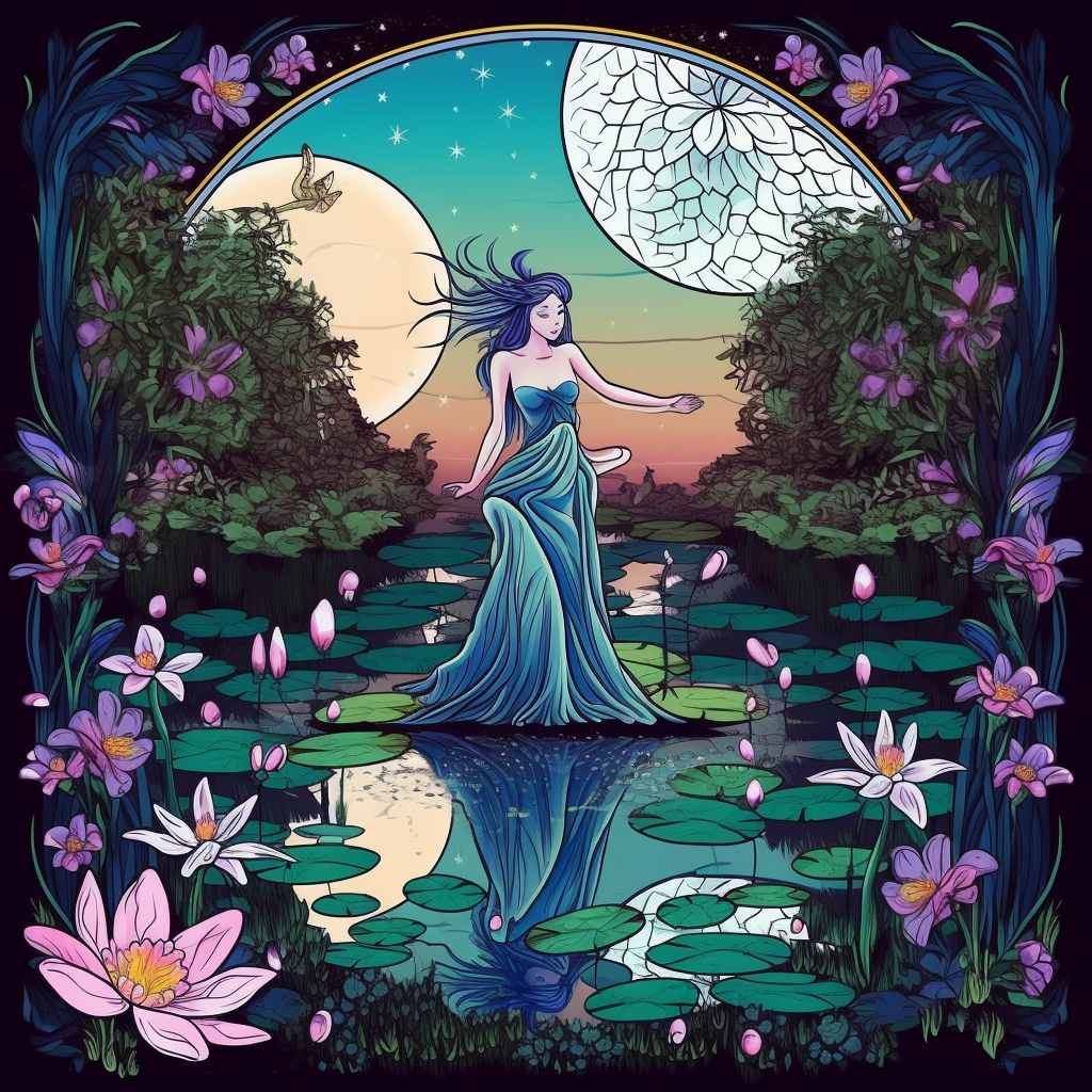 A captivating fairy hovering above a mystical pond, glittering dress ...