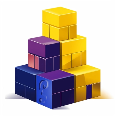 three building blocks. cartoon style, vector art. high contrast. color palette: yellow-gold, navy blue, bright violet. icon, sticker, clipart, logo. white background