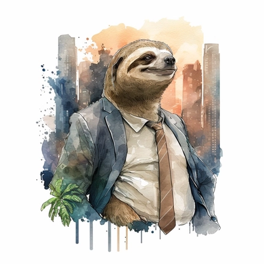 sloth as business man with a satisfied face expression in a business city, expresionist style, watercolor clipart