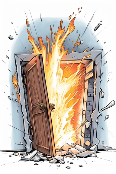 a booby-trapped door, rigged with a hidden trap of explosive charges and gas release, full, no cropping, drawing with broad strokes, in cartoony clipart style, white background, white border