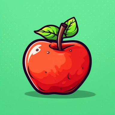 Create a colorful clipart of a bright red apple with a green leaf on top, in a cartoon style. The apple should have a happy expression and be slightly tilted to the side. The background should have a plain, high-contrasted color to make the apple stand out. The overall effect should be playful and lighthearted, suitable for use in educational materials or on a website.