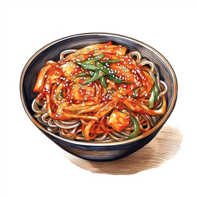 Japchae (Stir-fried Glass Noodles) logo watercolor,simple Watercolor, hyper realistic, white background, white margins, 16k, ultra detailed clipart, cut out image, hand - drawn, whimsical manhwa style, ultra HD, sharp and clean art