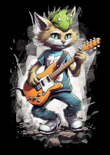 Tshirt features Design, CLIPART CONCEPT, An anthropomorphic humanoid, A Kittens Male character with the ability to control and morph from energy IN DAIM graffiti artwork and graffiti design, FULL BODY, Playing the GUITAR, wearing a clothes FROM Casual Uniform Style, Contour Drawing with Fine Line Artwork, Macro Detailed, FOCUSED ON THE CHARACTER, Clear visuals, Highest Resolution 3D Adobe Illustrator file Eps format, In the style of photo-realistic techniques, Rendering with unreal engine 5, Sub