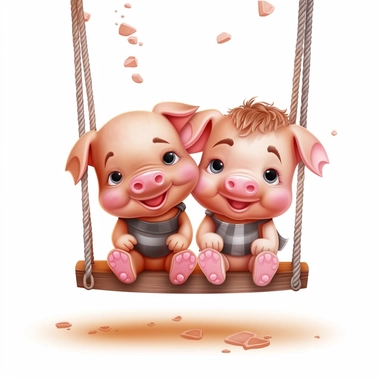 Cute Beautiful Happy Face Couple Baby Pig sit on a swing Sublimation Clipart ,Cartoon,hyper realistic, intricate detail, illustration style,high solution,on the white background