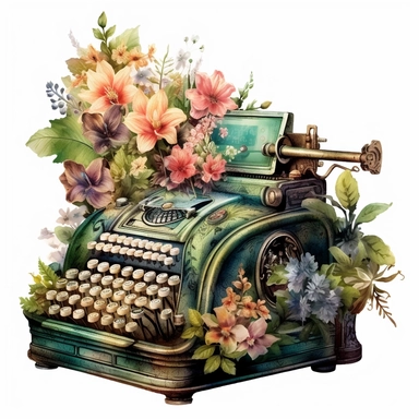 a watercolor enchanted old and used 1900 cash register profil view, enchanted collector's item surrounded by an arrangement of a number of dramatic extravagant saturated digital green 3D giant tropical flowers, in the style of large-scale photography, lush detailing, watercolor style, pastel colors, playfully intricate, made of flowers, bloomcore, clipart, transparent png background