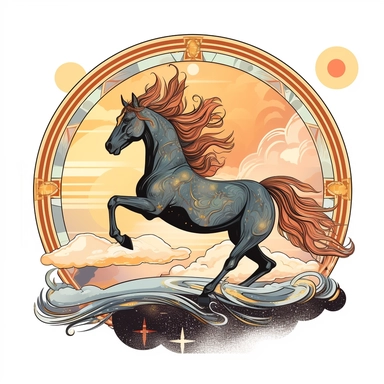 illustration of bucking horse with an arched back, white background, light indigo and amber, celestial cosmic elements surrounding it, inspired by vintage western posters and drawings, diecut sticker, black line border, clipart, graphic, vector