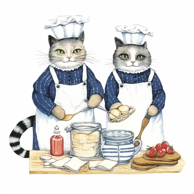 vintage cute cats baking, wearing clothes, in the style of edward gorey, clipart, white background