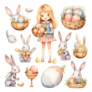 Watercolor easter eggs, illustrations clipart set, simple, soft colors, cartoon elements, different variants, easter elements, jumping bunnies, sitting bunnies ,rabbits, cute little girl, easter eggs in basket, separate elements with a margin