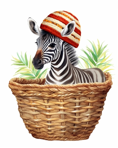 detailed watercolor Baby Zebra on a basket with cap , hyper realistic, isolated on a white background, clipart