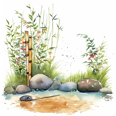 watercolored clipart traditional Zen garden with pebbles, a miniature bamboo grove