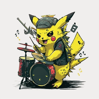 Pikachu, punk style, drummer, flat, PNG, 2d, clipart, transparent background, 8k, v4