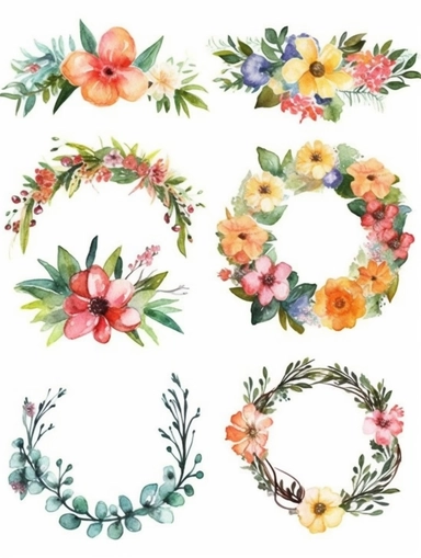 Watercolor clipart set with white background, floral crowns, cute and adorable, flat design, clearly defined separated image, high quality