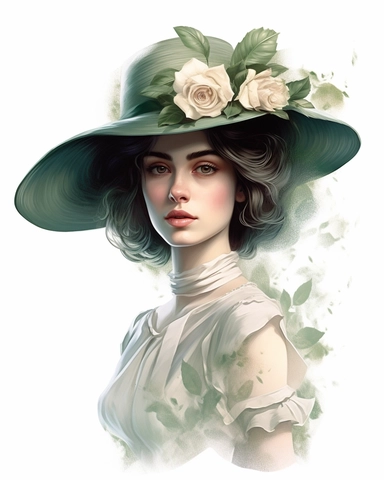 detailed beautiful lady facing me with vintage hat with sage roses dressed in a vintage dress, hyper realistic, 8k, isolated on white backgorund, clipart