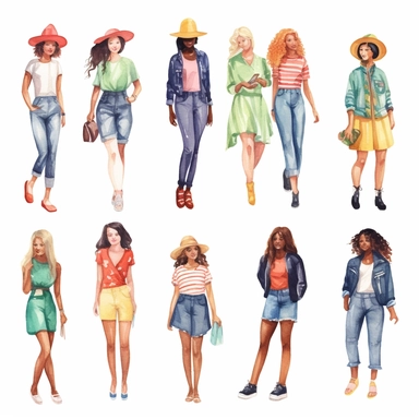A collection of vibrant and diverse semi-casual fashion girls and lady bosses, depicted in high-quality watercolor illustrations and clipart, showcasing their confidence, style, and panache. The full-body images capture their mixed body shapes, accessorized with matching footwear, experimental hairstyles, and a variety of accessories such as hats, glasses, shades, and handbags. Each image features different poses, makeup styles, and expressions, highlighting their individuality. Against a white 