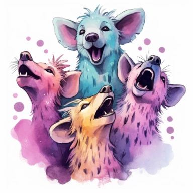 group of cute hyenas, howling at the moon in perfect harmony, their voices carrying through the night, vibrant pastels, clipart, on a white background