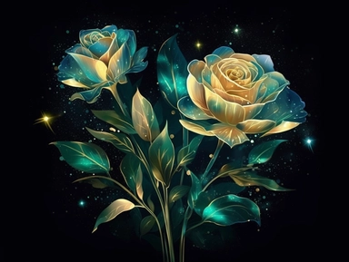 deep emerald gold watercolor rose plants clipart, golden metallic lines and some glitter, shining colors, dark background, 8k, high resolution