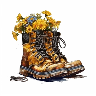 Bumblebee, Bumblebee, Bumblebee, Bumblebee, Bumblebee, Bumblebee, flower bouquet in an old dirty work boots, highly detailed, acrylic paint, 16k, realistic, isolated on a white background, clipart