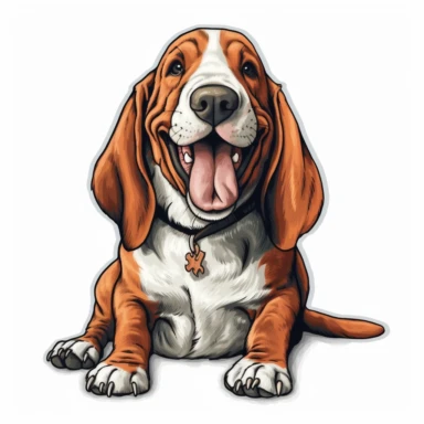 cute Basset Hound, happy and smiling, bold line, clipart, sticker, white background, no shadow, 8k detail