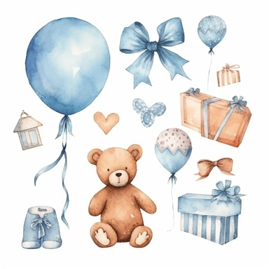watercolor illustration, cute gender reveal doodle clipart, boy or girl, high resolution, detailed doodle, white background, items clipart for baby shower gender reveal, mom to be