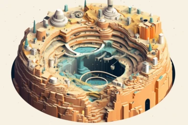 a close up of a infinite loop open pit mine on a white background, james gilleard and james jean, escher, trending on artisation, connectedness, scutoid, mit technology review, by Sam Spratt, dan mcpharlin : : ornate, wormholes, tetris, monolithic, stylized stl, clipart icon, simple 4 colors from gray to metalic blue, vector-based, sharp border, plane color and very define, high quality, digital art, 8k resolution, masterpiece, congruent, amazing, incredible, awe-inspiring, mind-blowing, masterf