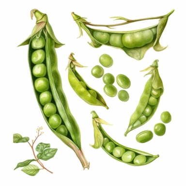 Clip art of pea pods whole and opened isolated on white background. Watercolor hand drawn illustration. Perfect for print, pattern, decoration healthy food, menu.