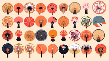 Uchiwa Fans vector clipart vector Uchiwa Fans cute collection, in the style of #screenshotsaturday, flat areas of color, flat color blocks, 1970–present, rough-edged 2d animation, lightbox, colorful animation stills
