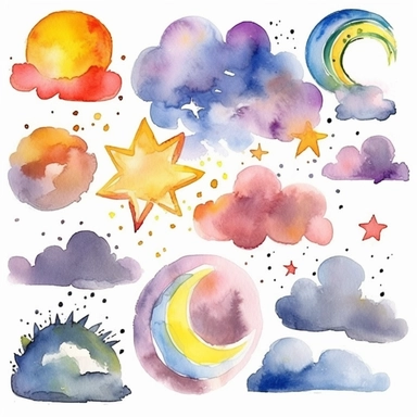 watercolor clipart graphics, weather theme, clouds, sun, rain, moon, wind, snow, lightning, sun, rainbow isolated elements