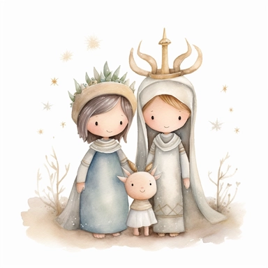 A watercolor painting of a cute nativity with Mary and Joseph, Christmas, cute detailed digital art, inspired by nicoletta ceccoli, by Kubisi art, whimsical and cute, by nicoletta ceccoli, cute detailed artwork, glimmering, adorable and whimsical, whimsical art, Clipart style, png style, svg style, blank white background, a solid white background
