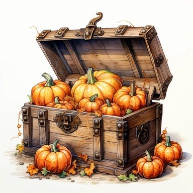 An ultra-detailed watercolor clipart illustration, drawn with a thick watercolor line, adorned with [Treasure chest with halloween pumpkins], isolated on a white background, in the style of ultra-realistic watercolor clipart illustrations, intricately detailed watercolor clipart illustrations, hyperrealistic watercolor clipart illustrations, and high-resolution watercolor clipart illustrations