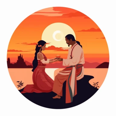 Indigenous bride and Asian groom, exchanging rings under a beautiful sunset, with a sense of peace and tranquility, earthy tones, Pixar style, Clipart on a white background.