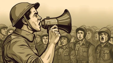 a close front view of an israeili sodier holds a megaphone with his hand and speak while overlooks to the top,behinde him other soldiers and their army vehicules in a a poor street +side view+dark color tones+ vintage drawing style ,clipart drawing,clipart image,high definition drawing,clean colors,balanced colors,detailed drawing,