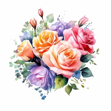 watercolor painted bouquet of mixed colored roses clipart, Flower Border clipart, Minimalist Flower Bouquet clipart, mixed colored roses Clipart roses painting formal glamour elegant style wedding floral bouquet, wedding clipart include babys breath flowers in the bouquet 4