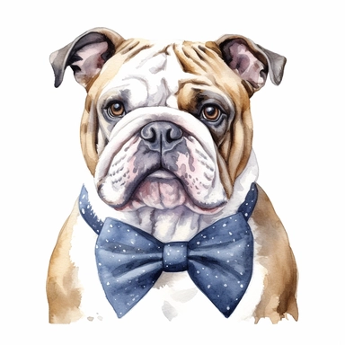 Bulldog wearing a stylish bowtie, exuding elegance and charm, white background, watercolor clipart