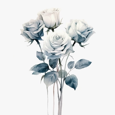 Watercolor dusty blue four roses clipart, four roses bouquet, muted color faded, white background