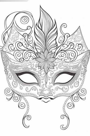 an outlined Mardi Gras cute mask decorated with glitter and jewels, Coloring Book, white background, black and white, [clip art]