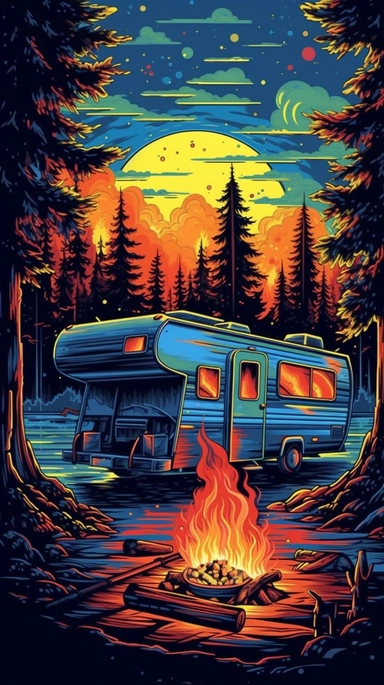 clip art, vector, colourful , camping, outdoors, camp fire , van life