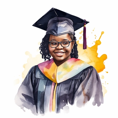 watercolor fat black female student graduation clipart on a white background
