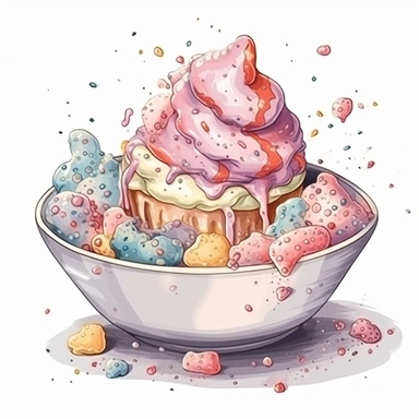 Watercolour of a Ice Cream in a bowl with sprinkles on top , Clipart,Cartoon,hyper realistic, intricate detail isolated on a white background, high quality, sublimation, detailed, cartoon style