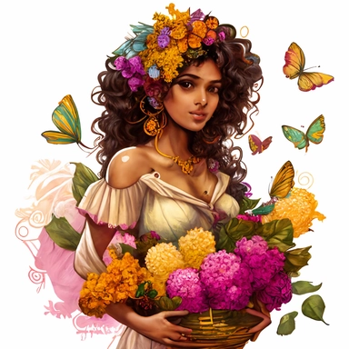 a gorgeous Indian woman, curly hair with ruffles, big basket with flowers in her hand, Michelangelo style, luxury, chain of flowers in the background, butterflies, dandelions, vibrant colors, dressed in several dresses, white background, clipart