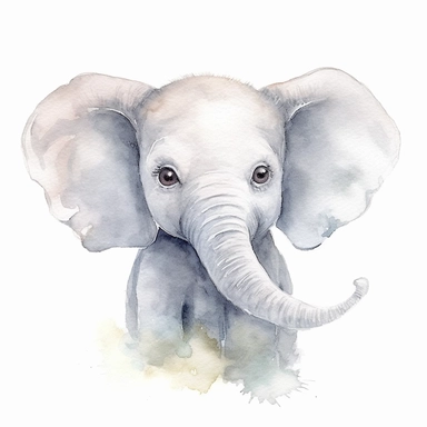 A delightful and charming watercolor clipart of an adorable baby elephant, designed for commercial use. This heartwarming composition captures the innocent charm of the African Safari Zoo animal, set against a crisp white background that accentuates its delicate watercolor textures and playful features. The baby elephant, with its gentle eyes and playful trunk, is skillfully painted in a soothing palette of grays and pastels, encapsulating the essence of nursery-themed art. The clipart emphasize