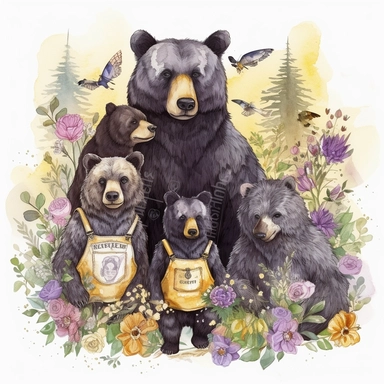 hand drawn family of black bears, wearing clothes in shades of yellow and purple, at a cabin in the woods, bumblebees, purple flowers and grass, very detailed, very realistic, watercolor, clipart style